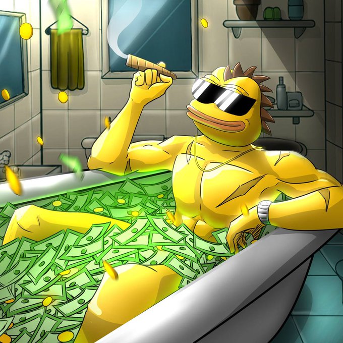 A buff duck wearing sunglasses smokes a cigar while lounging in a bathtub filled with money, fitting the post's "Players gonna play" caption referencing the $PINO token and meme coin culture.