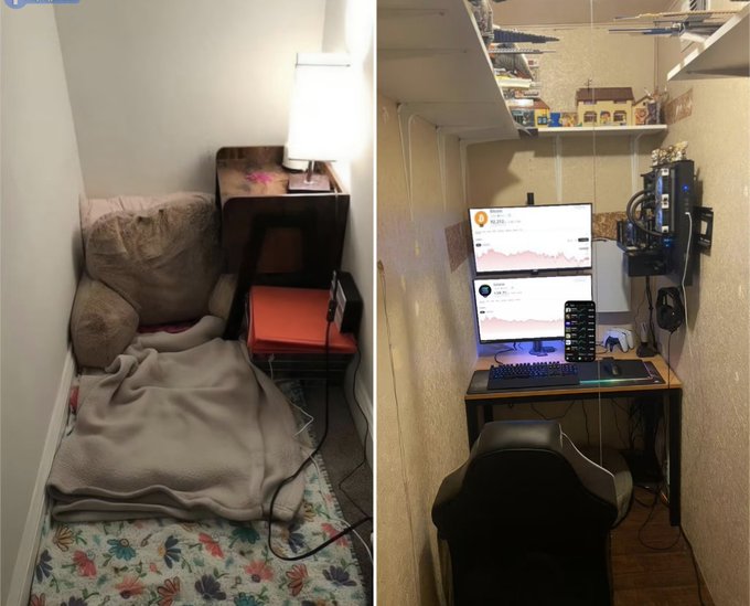 Two views of a small room: left shows a cozy nook with a bean bag, blanket, lamp, and a folded chair; right shows a narrow closet-converted workspace with dual monitors, a PC tower, keyboard, and gaming chair.