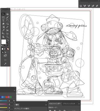 A digital illustration in Adobe Illustrator shows a hand-drawn character sketch featuring "xCANDY GIRLS" and "XRP" branding, with the artist's workspace visible including Japanese toolbars at the bottom. The artwork aligns with the post about creating #xcandygirls artwork manually without AI for the #xrpcafe community.