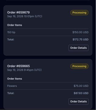 A mobile screenshot showing two processing orders: Order #659679 for 150 tip ($172.75 USD) and Order #659665 for Flowers ($87.63 USD).