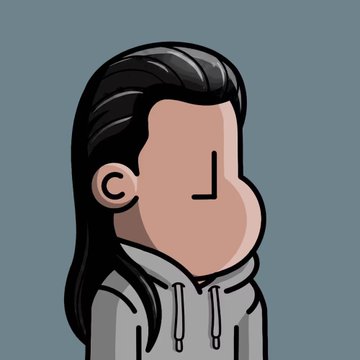 A minimalist cartoon profile illustration of a person with long black hair wearing a gray hoodie, featuring a blank face with only a small ear and a 'J' shape detail visible.