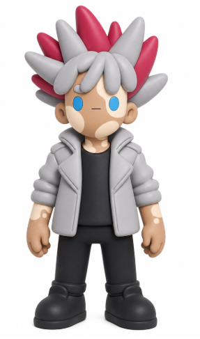 A 3D rendered figurine of a character with spiky gray and pink hair, blue eyes, wearing a gray jacket over a black shirt, dark pants, and black boots.