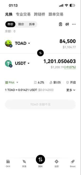 The image shows a cryptocurrency exchange screen displaying a swap of 84,500 TOAD (worth $1,104.77) for 1,201.050603 USDT, with the USDT price up 9.07%. The post celebrates this trade as evidence that small capital can yield significant gains—turning an $11 investment into $1,200 USDT—encouraging others with modest funds to keep trading.