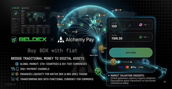 A promotional banner for BELDEX × Alchemy Pay advertising 'Buy BDX with fiat,' showing global payment options like Visa, Mastercard, Apple Pay, and Google Pay.