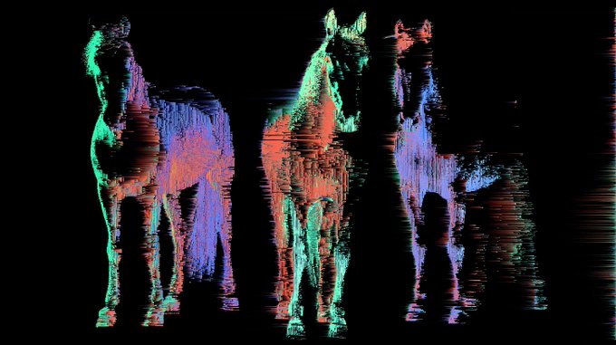 Three glitch-art, CRT-distorted horse silhouettes in neon green, purple, and red against a black background, with horizontal scan-line artifacts creating a corrupted digital effect.