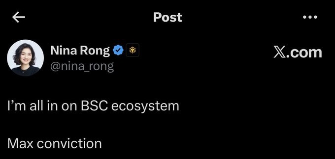 A screenshot of a post on X.com by user 'Nina Rong' (@nina_rong) that reads, 'I'm all in on BSC ecosystem' and 'Max conviction.'