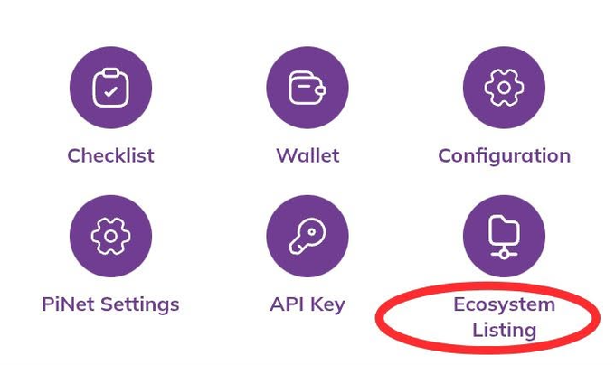 A screenshot of the Pi Browser's developer menu showing six purple circular icons: Checklist, Wallet, Configuration, PiNet Settings, API Key, and Ecosystem Listing, with the "Ecosystem Listing" option highlighted by a red oval. The image illustrates the feature used by developers to list dApps in the Pi ecosystem, which the post relates to by explaining Pi's strict PCT requirement that all ecosystem transactions must be Pi-exclusive rather than using direct dollar or other currency exchanges.