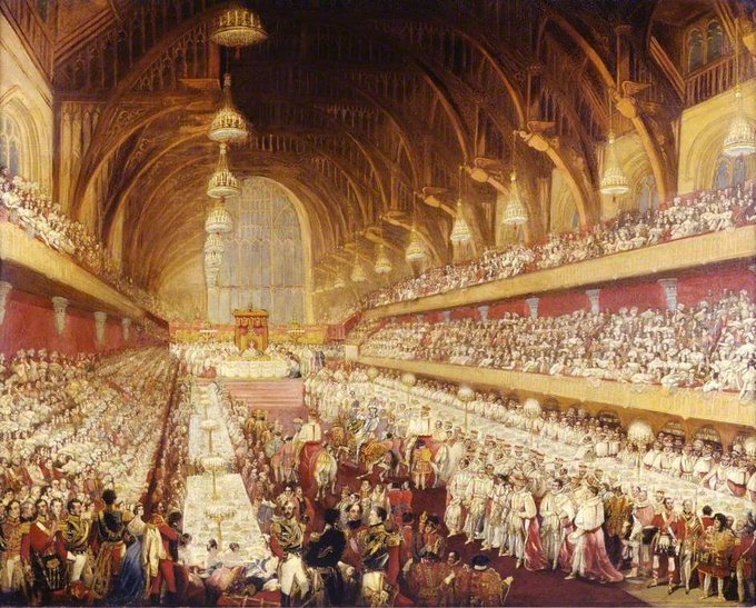 A grand painting of a royal banquet in a Gothic hall, depicting William IV's coronation dinner at Westminster Hall with hundreds of guests seated at long tables.