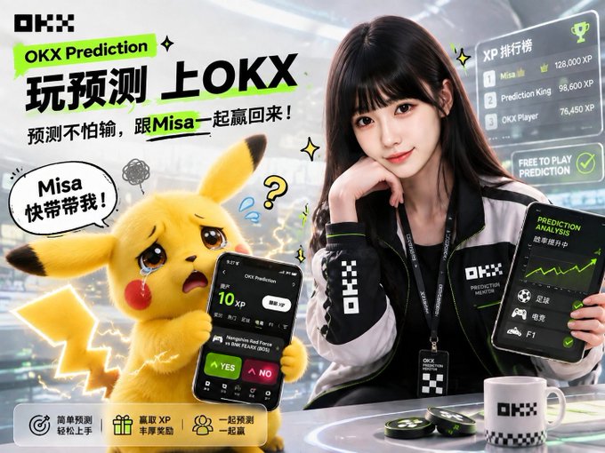 OKX Prediction advertisement featuring a Pikachu and an Asian woman, with Chinese text and a leaderboard showing Misa at 128,000 XP.