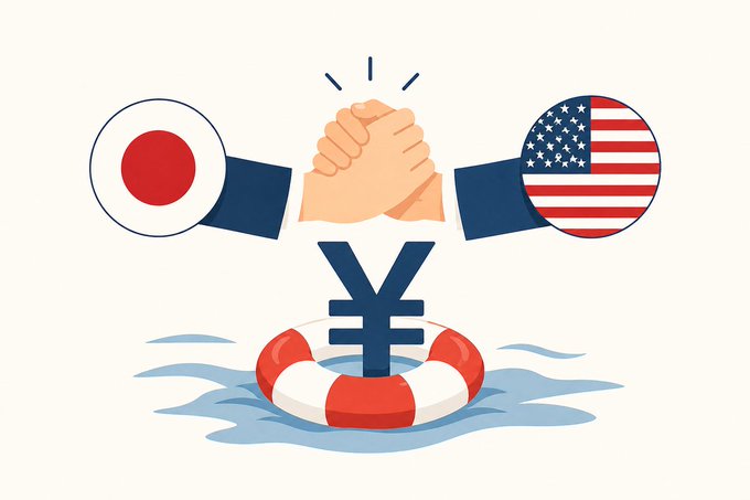 A cartoon illustration showing a handshake between arms bearing the flags of Japan and the United States, with a yen (¥) symbol and a life preserver floating in the water below.