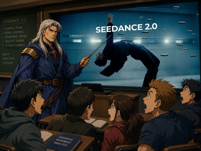 An anime-style wizard with long silver hair stands before a chalkboard listing "Seedance 2.0" curriculum items (Kinetic Flow, Body Control, Temporal Pause, Bullet Dodge, Style & Impact), pointing a stick at a student comically defying gravity on the screen, while shocked classmates watch from desks holding an "Advanced Movement Analysis" book—visually illustrating the post's point that crafting effective Seedance 2.0 prompts requires careful structured ordering to achieve impressive results.