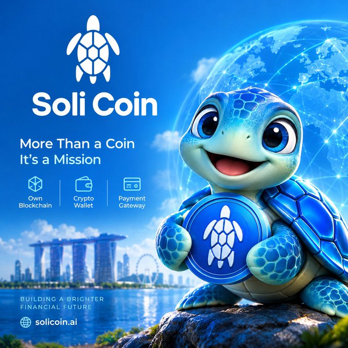 Blue promotional artwork for “Soli Coin,” featuring a cartoon turtle holding a coin against a futuristic city and digital globe. Text includes “More Than a Coin It’s a Mission,” “Own Blockchain,” “Crypto Wallet,” “Payment Gateway,” “Building a Brighter Financial Future,” and “solicoin.ai.”