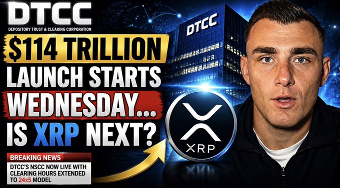 A man presents a YouTube thumbnail promoting his video about DTCC's $114 trillion launch starting Wednesday and speculating whether XRP is next, with bold text overlays highlighting "DTCC," "$114 TRILLION LAUNCH STARTS WEDNESDAY... IS XRP NEXT?" alongside the XRP logo and DTCC building backdrop.