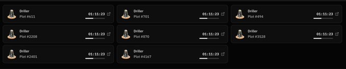 A digital interface displaying eight identical dark panels, each showing a 'Driller' profile with a unique plot number and a progress bar dated 01-11-23.