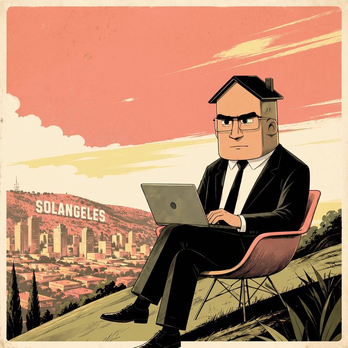 A stylized illustration of a stern man in a suit with a house-shaped head working on a laptop in a chair, with a cityscape labeled 'SOLANGELES' in the background.