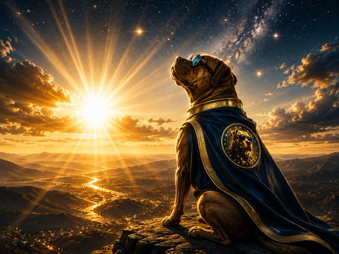 A digital artwork depicting a muscular brown dog wearing a golden crown and a blue cape with a golden crest, sitting on a rocky outcrop overlooking a vast landscape at sunrise with a starry sky.