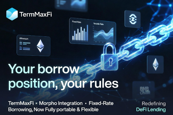 A promotional graphic for TermMaxFi x Morpho Integration featuring 'Your borrow position, your rules' text and icons for Ethereum, BNB Chain, fixed-rate, and variable-rate DeFi lending.