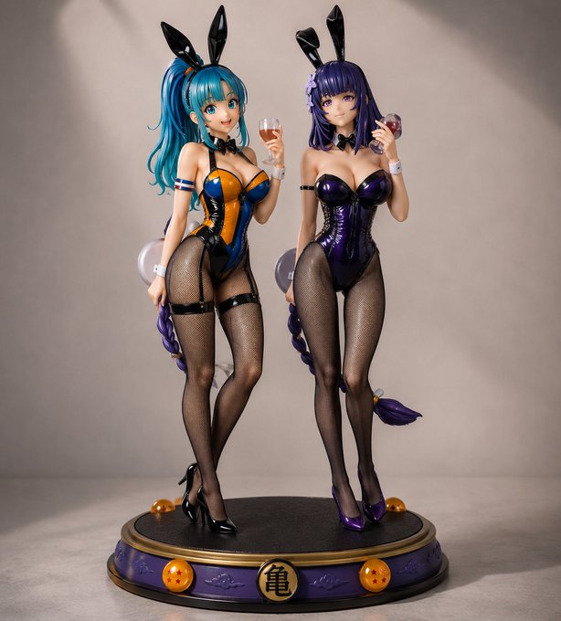 Two anime-style bunny girl figurines standing on a circular base with dragon ball designs; one has teal hair in an orange and blue bodysuit, while the other has purple hair in a purple bodysuit, both holding wine glasses.