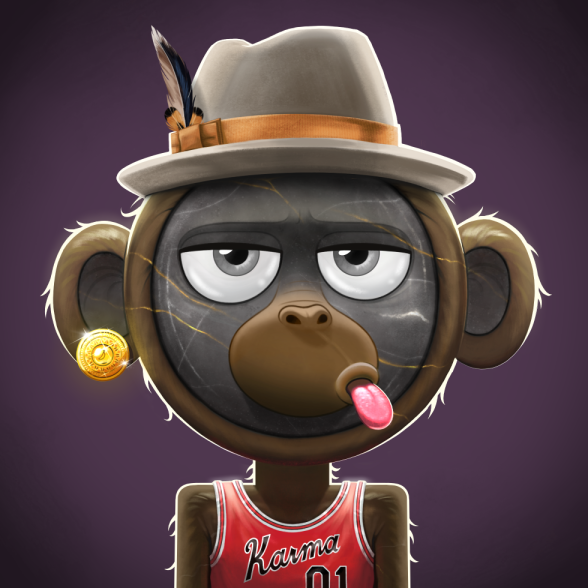A digital artwork of a monkey character wearing a grey fedora with a feather, a gold earring, and a red 'Karma 01' jersey, with its tongue sticking out.