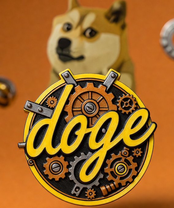 A Doge cryptocurrency badge with the word 'doge' in yellow script, surrounded by orange gears, with a Shiba Inu dog blurred in the background.