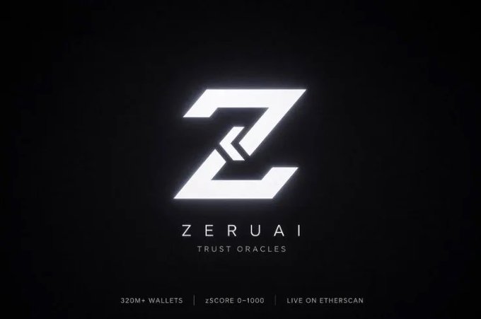 The ZeruAI logo featuring a glowing white 'Z' symbol on a black background, with the tagline 'Trust Oracles' and stats showing 320M+ wallets and live on Therscan.