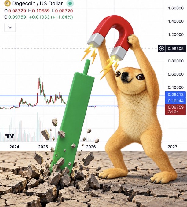 A meme image showing a doge character using a red horseshoe magnet to pull a green candle up from cracked earth, set against a Dogecoin/US Dollar trading chart from TradingView showing a +11.84% change.