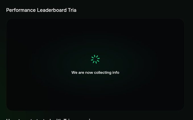 The image shows a computer screen displaying a message that says "Performance Leaderboard Tria" with an arrow pointing towards the word "now" and a green "we are now collecting info." The background of the image is black, which contrasts with the white text on the screen. The main focus of the image is the message displayed on the screen, which seems to be related to a new feature or functionality in a web3 platform called Tria.