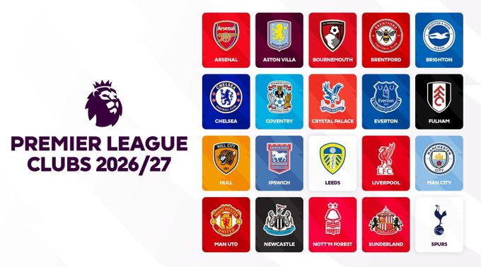 A graphic titled 'PREMIER LEAGUE CLUBS 2026/27' displaying the badges of 20 football clubs including Arsenal, Aston Villa, Bournemouth, Brentford, Brighton, Chelsea, and Manchester United.
