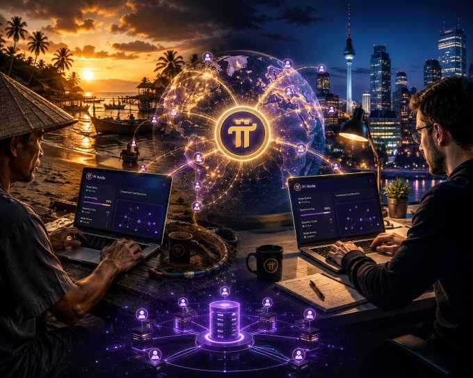 A vibrant illustration depicting two people on opposite sides of the world (a rural village and a modern city skyline) connected through a glowing Pi Network cryptocurrency node with 'TT' logo displayed on laptops.
