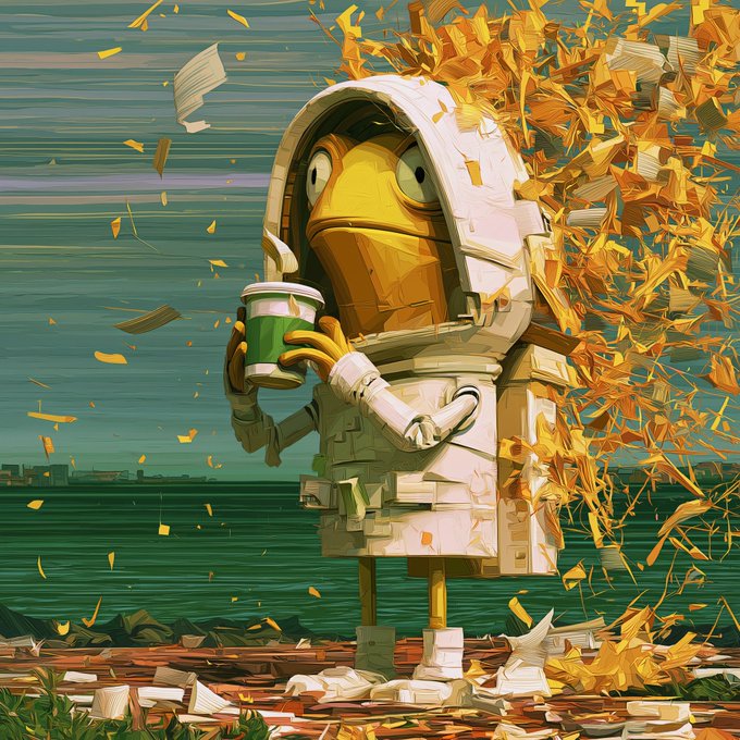 A yellow fish-like creature wearing a white spacesuit holds a coffee cup while standing amid swirling orange paper debris against a teal and green background.