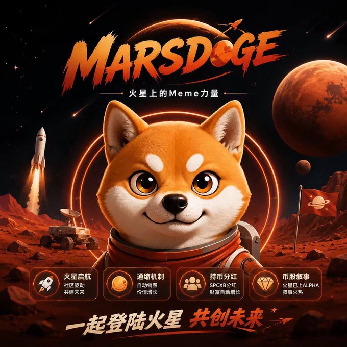A promotional poster for "MARSDOGE" featuring a Shiba Inu dog wearing a space suit against a Mars background, with Chinese text including "火星上的Meme力量" (Meme power on Mars).