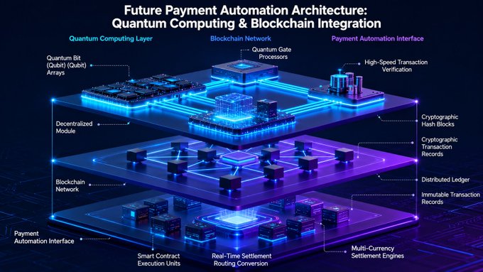 A futuristic diagram titled "Future Payment Automation Architecture: Quantum Computing & Blockchain Integration" showing layered technology components including Quantum Computing Layer, Blockchain Network, and Payment Automation Interface.