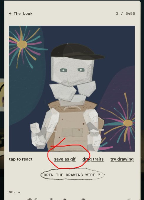 A screenshot from "the book" (page 2/5455) on theunfinished.xyz showing a digital artwork of a robot-like figure wearing a black cap against a dark background with colorful fireworks, with "save as gif" circled in red to highlight the action needed for the raffle entry. The circled instruction demonstrates step two of the contest, directing participants to save their chosen artwork as a GIF.