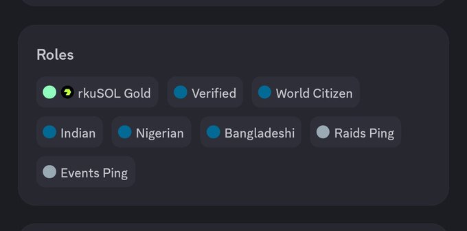 Screenshot of a Discord-style 'Roles' menu showing tags including 'rkuSOL Gold', 'Verified', 'World Citizen', 'Indian', 'Nigerian', 'Bangladeshi', 'Raids Ping', and 'Events Ping'.