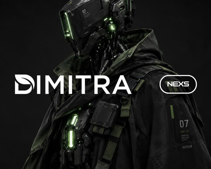 A dark, sci-fi style promotional image features a robotic or cybernetic figure in tactical gear with glowing green accents. The text 'DIMITRA' appears prominently with a 'NEX5' logo, and '07' is visible on the figure's gear.