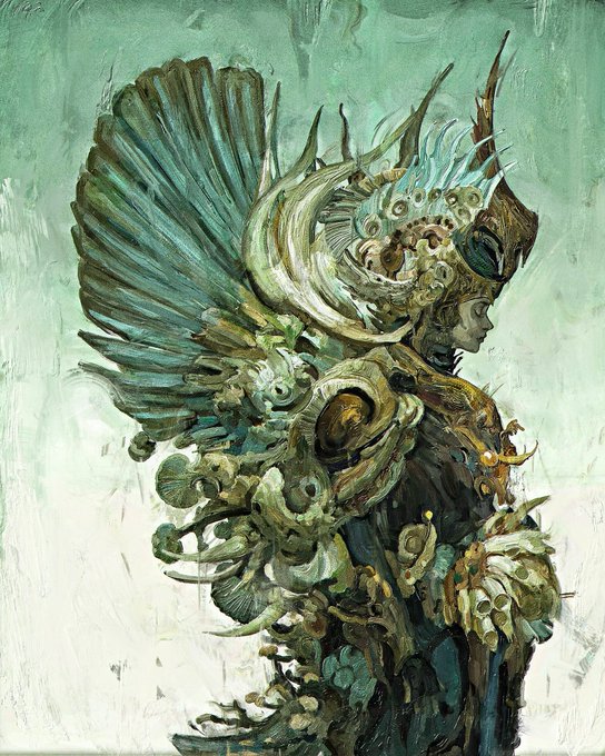 A painted fantasy artwork showing a figure in elaborate aquatic armor featuring shells and fins, set against a textured green background.