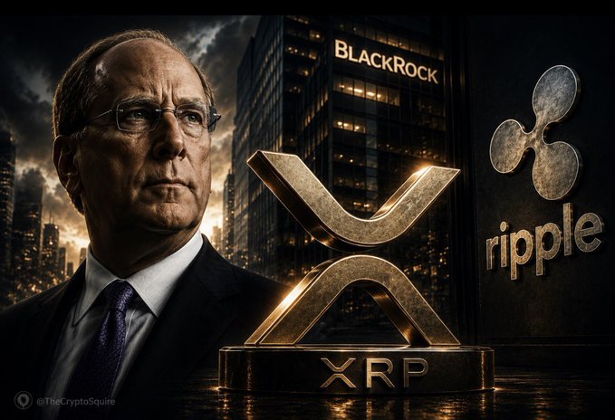 A stylized image shows a man in glasses with text 'BLACKROCK' on a building behind him, alongside an XRP trophy and the Ripple logo, with watermark '@TheCryptoSquire'.