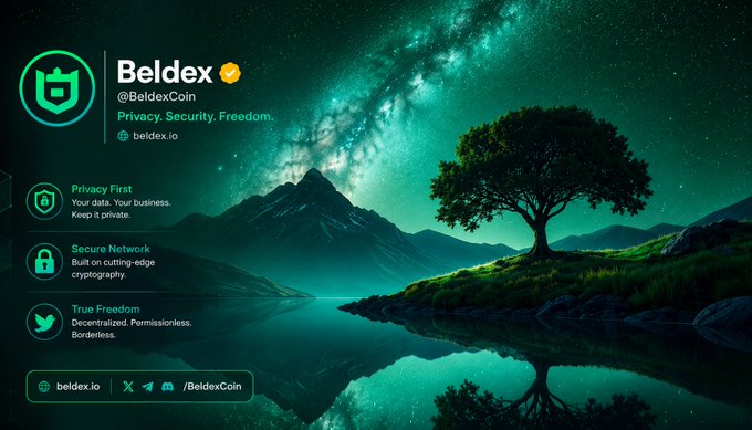 A promotional graphic for 'Beldex' (@BeldexCoin) highlighting 'Privacy. Security. Freedom.' with features like 'Privacy First', 'Secure Network', and 'True Freedom', set against a green-tinted fantasy landscape background.