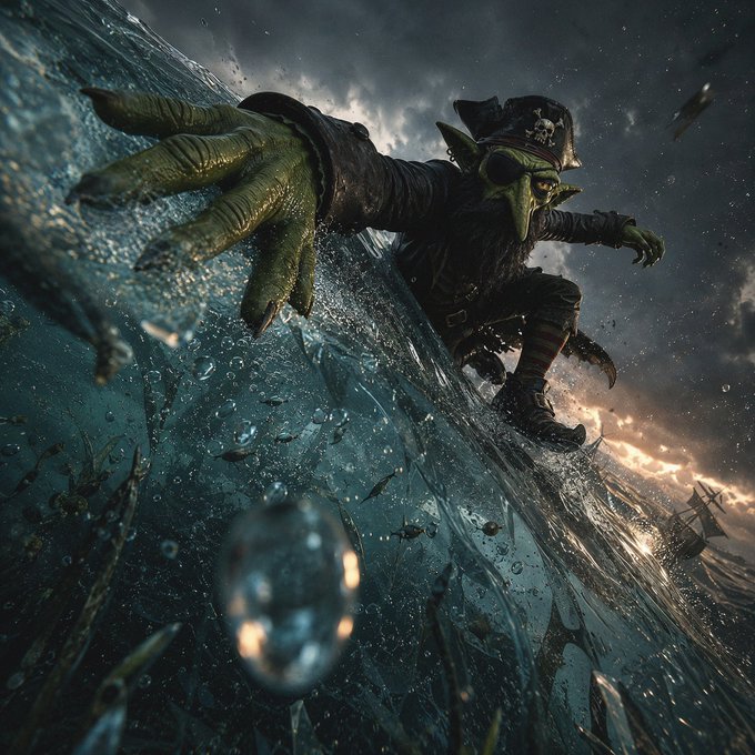 A goblin pirate with green skin and a skull-emblazoned tricorn hat scales a towering wave under a stormy sky, its clawed hand gripping the crest as a distant ship sails through the tempest. The image embodies the post's message of trials and transformation, with the goblin confronting the violent storm as a metaphor for embracing adversity to grow stronger.
