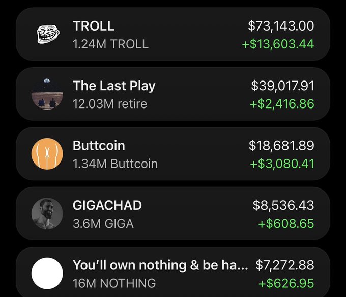 The image shows a cryptocurrency portfolio tracker displaying five meme coin holdings and their gains: TROLL ($73,143.00, +$13,603.44), "The Last Play" retire ($39,017.91, +$2,416.86), Buttcoin ($18,681.89, +$3,080.41), GIGACHAD ($8,536.43, +$608.65), and "You'll own nothing & be ha..." NOTHING ($7,272.88, +$626.95). The post celebrates the DCA wallet's impressive gains across these speculative meme token investments, validating the user's "we fucking won" sentiment with green profit numbers across the board.