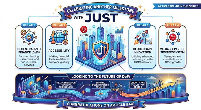 The image features a colorful poster celebrating an achievement or milestone related to decentralized finance, accessible financial services for everyone, and blockchain innovation. The poster includes various elements such as a shield with a city skyline, a bridge, and a rocket ship, symbolizing progress and growth in this field. The text on the poster congratulates the achievement of article number forty in the series, highlighting the importance of the project.