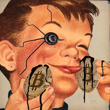 A surreal vintage-style illustration of a child holding two physical Bitcoin coins up to his eyes, with cracks across his face and a bionic eye.