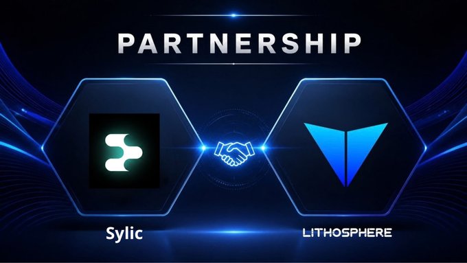A blue neon-themed 'PARTNERSHIP' graphic showing a handshake between 'Sylic' (with a wave-like logo) and 'LITHOSPHERE' (with a triangular blue logo).