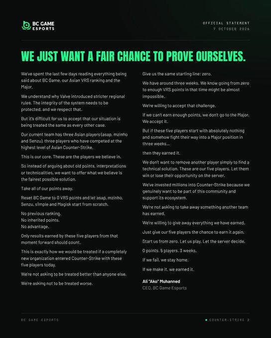 An official statement from BC Game Esports dated October 7, 2026, titled 'WE JUST WANT A FAIR CHANCE TO PROVE OURSELVES.', signed by CEO 'Ako' Muhanned, proposing a counter-Strike esports roster challenge.