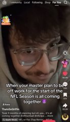 A man with glasses and a mustache appears in a TikTok video, overlaid with text reading "When your master plan to be off work for the start of the NFL Season is all coming together." The post about a baby on the way and football season connects to the video's humor about timing personal milestones with the NFL season kickoff.