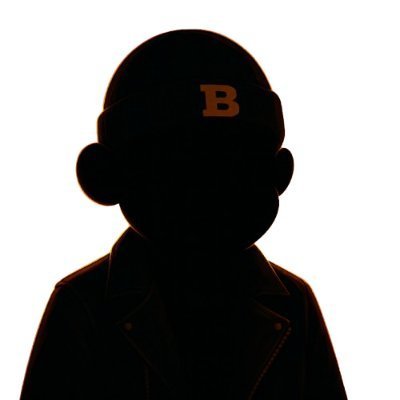 A dark silhouette of a character with a stylized 'B' emblem on the forehead, resembling a figure in a collar jacket against a stark white background.