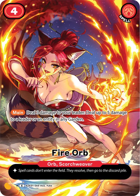 A trading card titled "Fire Orb" featuring a red-haired fox-eared character surrounded by flames, designed by illustrator Yuka (AZK-01-065). The card's post notes this "Lady Emberheart" illustration was used in the Azuki TCG Regionals, with the artist expressing gratitude to fans and the Azuki team.