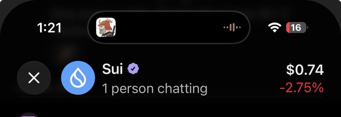 A smartphone status bar shows the time 1:21 with a battery at 16%, and a notification from 'Sui' displaying a price of $0.74 with a -2.75% change and '1 person chatting'.