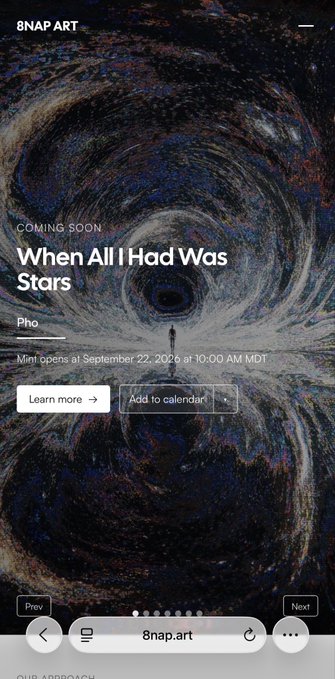 A mobile screenshot of the website 8nap.art promotes a coming soon art piece titled 'When All I Had Was Stars' by Pho, opening September 22, 2026.