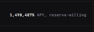 The image displays a bold yield reading of "1,498,487% APY, reserve-willing," showcasing an extraordinarily high staking or rebase percentage. This aligns with the post's theme of "aping" into a high-rebase cryptocurrency gem, where such astronomical APY figures are typical marketing claims for speculative DeFi reserve-backed tokens.